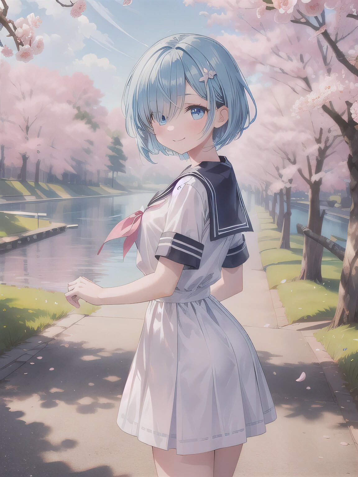 青髪ボブでセーラー服の少女 | の人気AIイラスト・グラビア