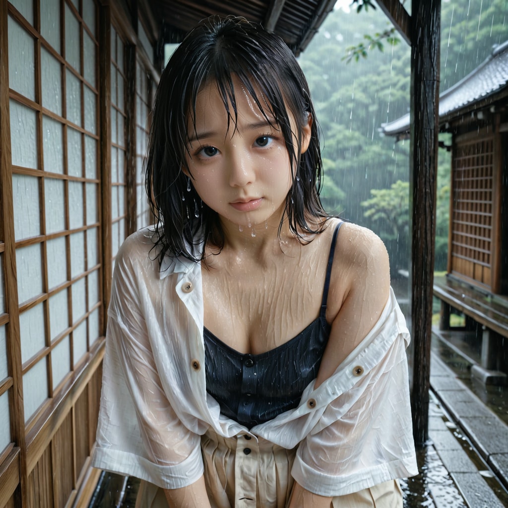 急な雨でずぶ濡れ…軒先に避難