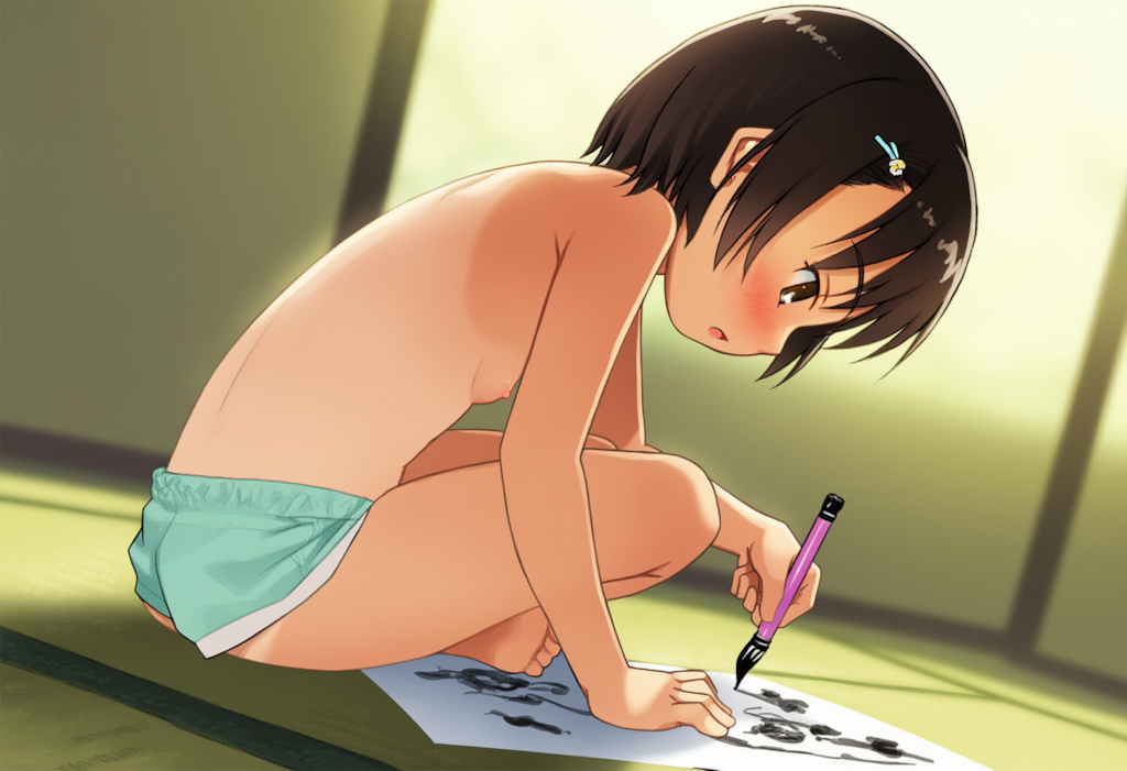 夏休みに半裸で水墨画を描く子