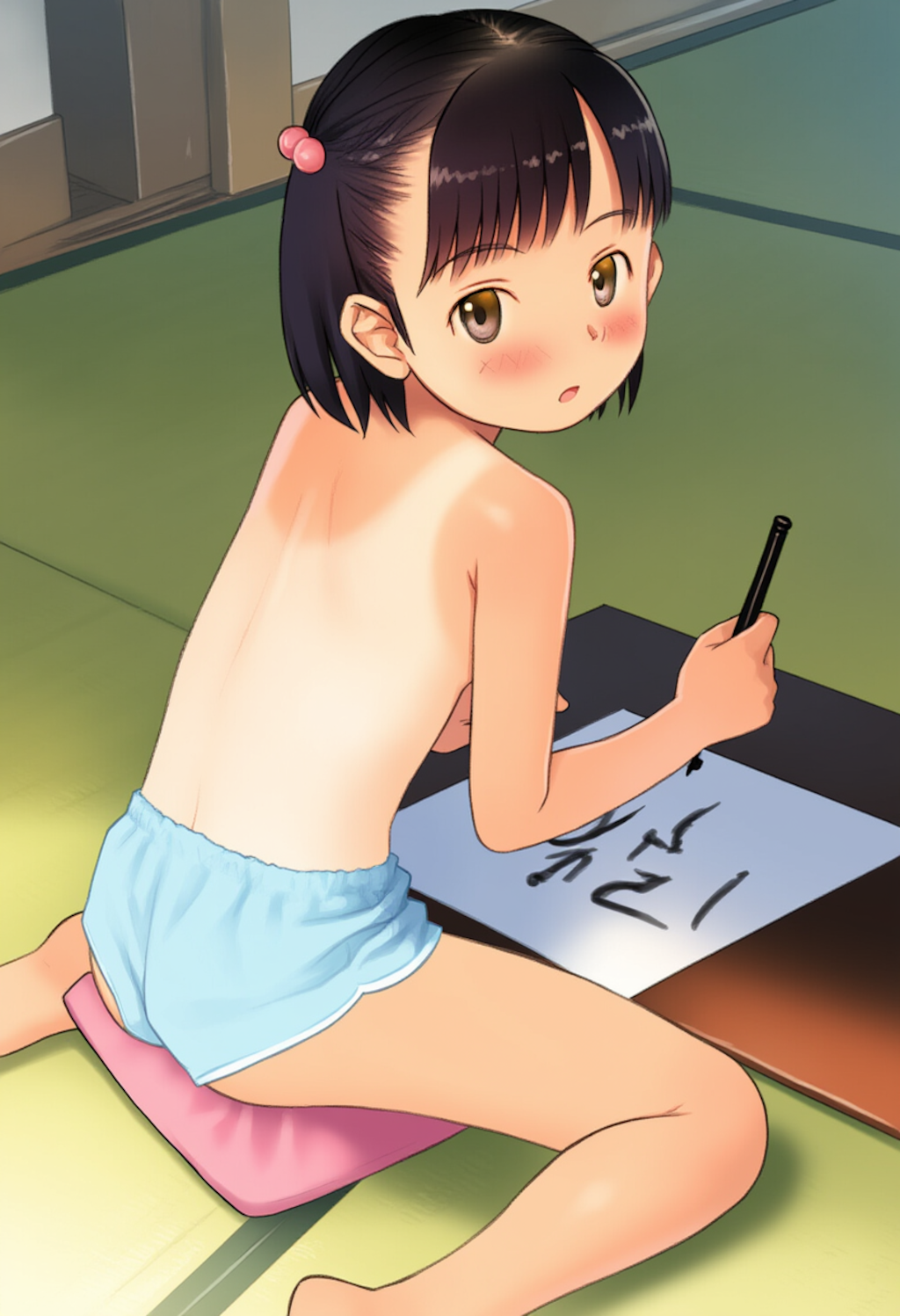 夏休みに半裸で水墨画を描く子