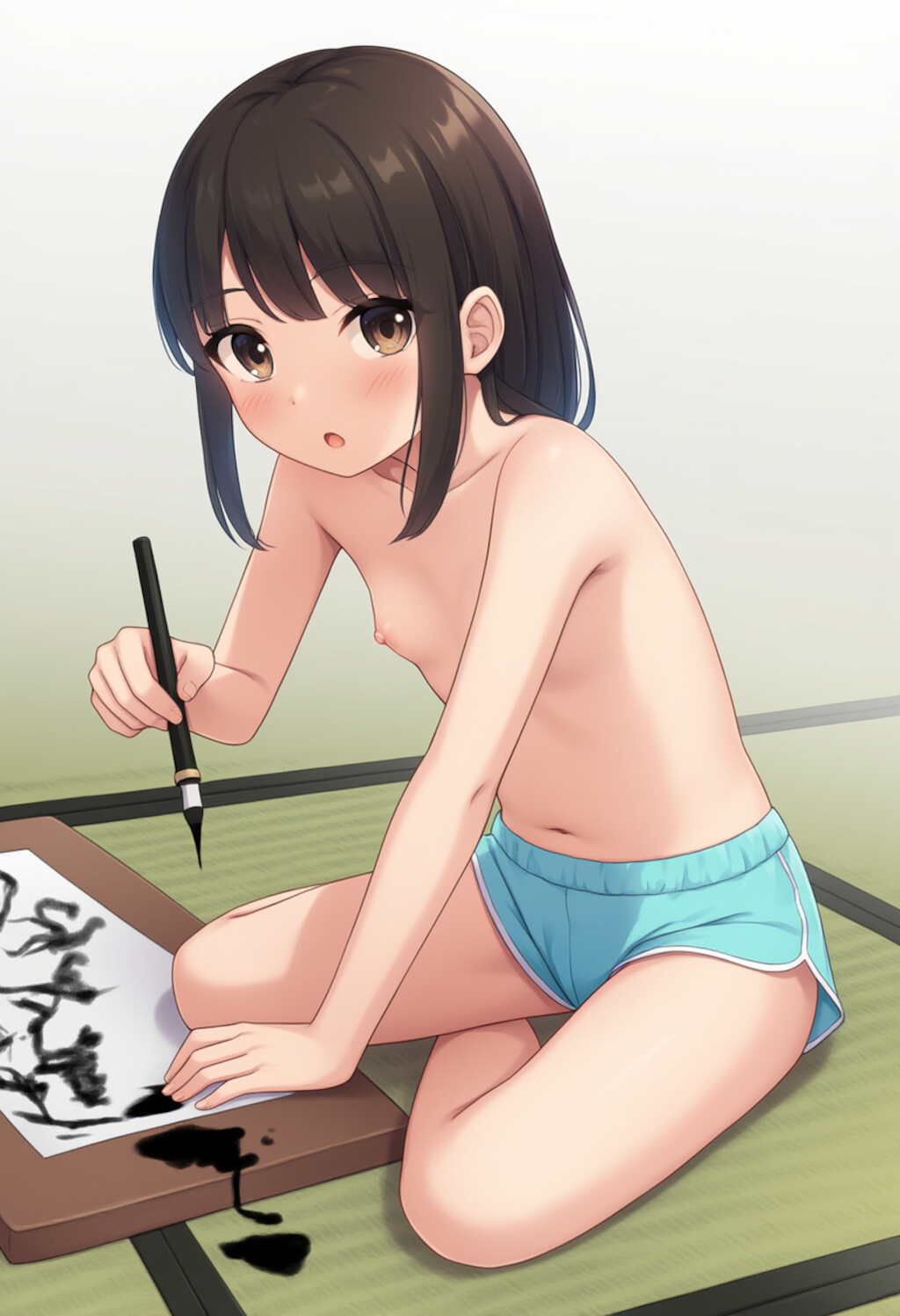 夏休みに半裸で水墨画を描く子