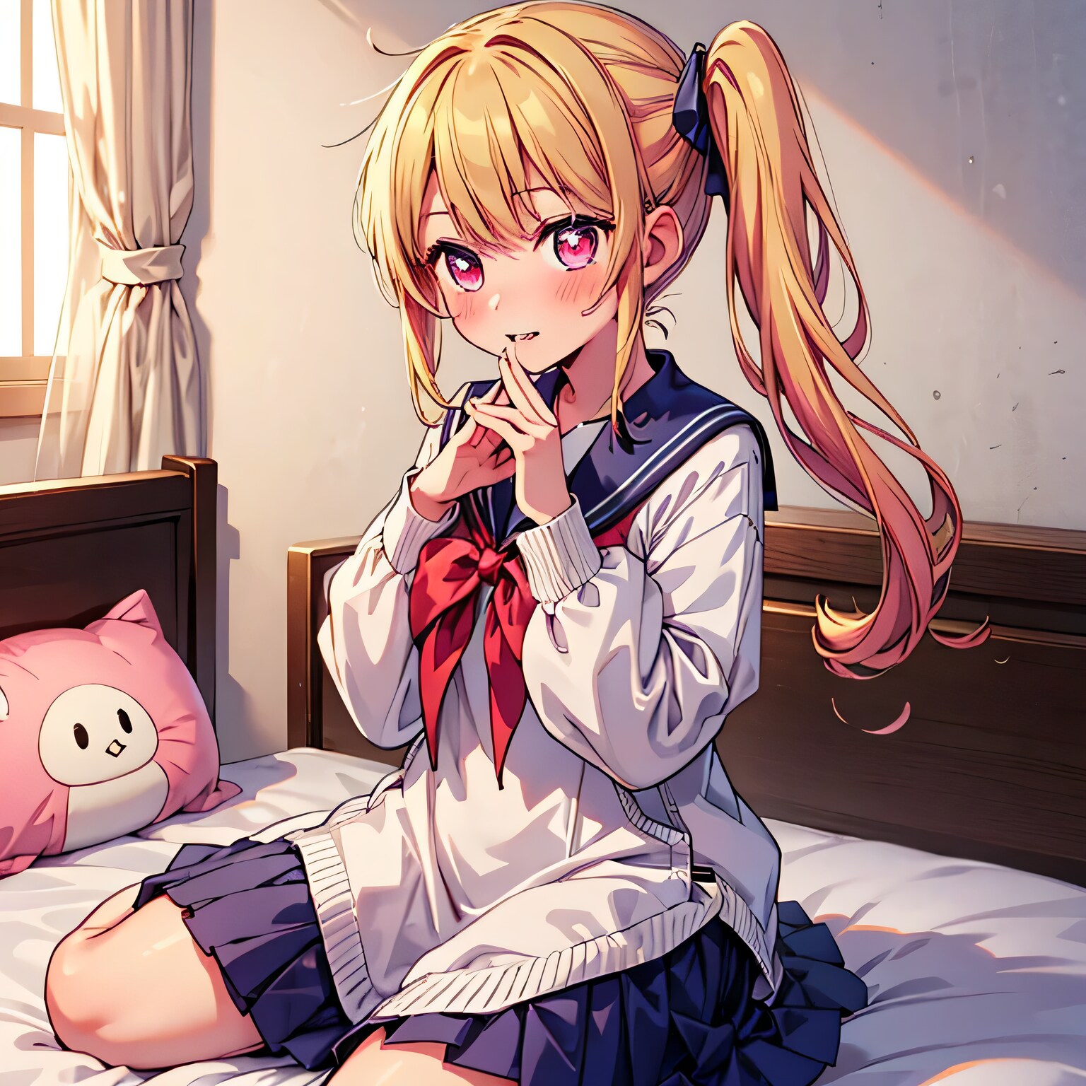 金髪ポニテで寝室の少女 | の人気AIイラスト・グラビア