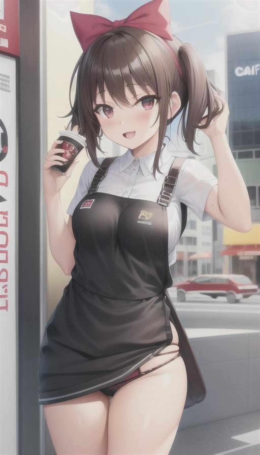 カフェ店員で休憩中に飲み物を飲み終えた彼女