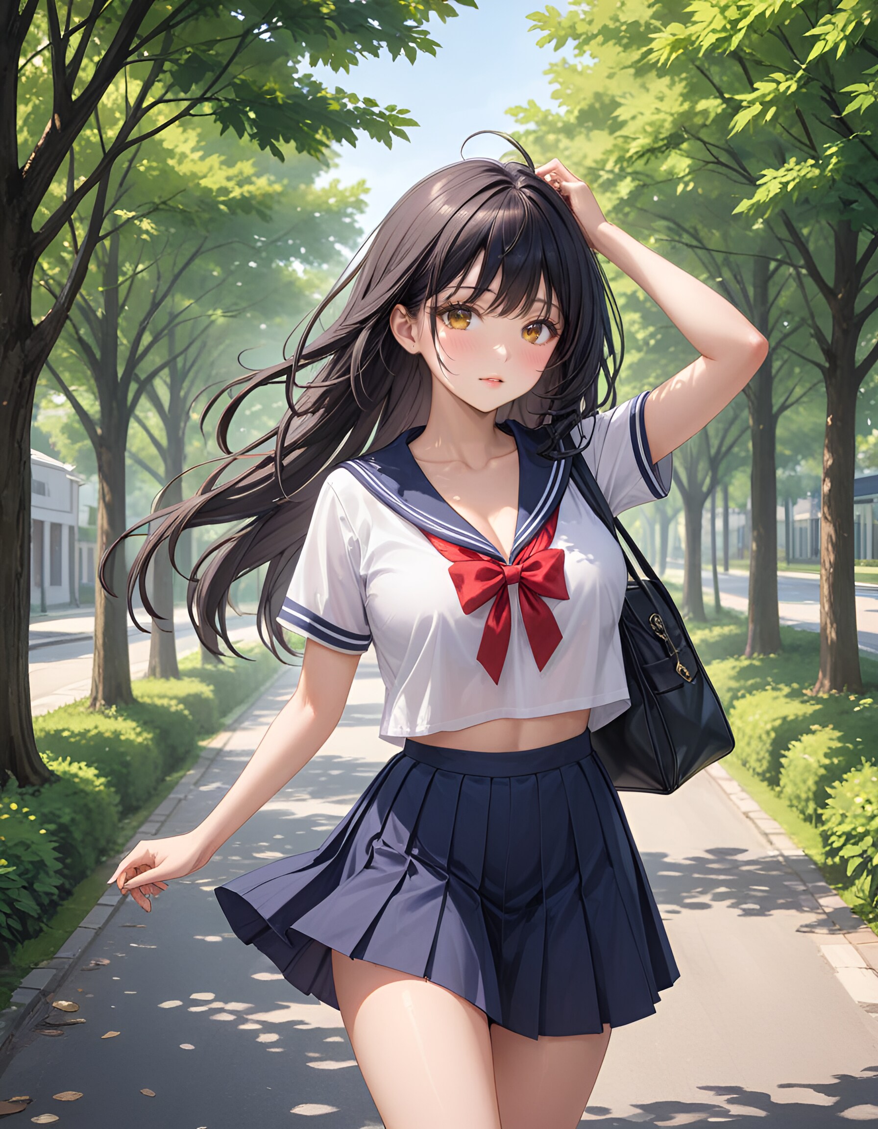 通学路のセーラー服黒髪美少女 | の人気AIイラスト・グラビア