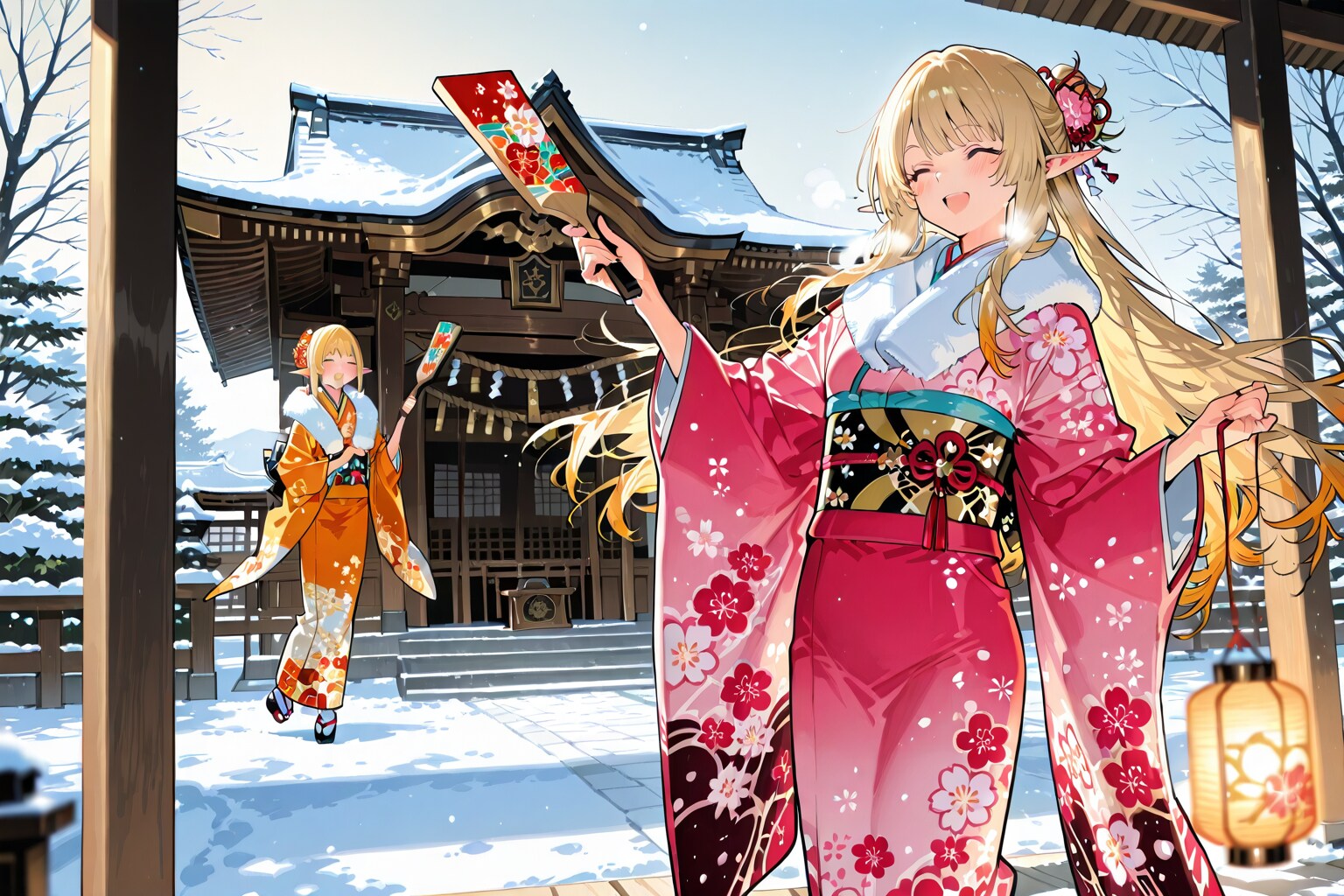 羽根つきをしているエルフの女の子