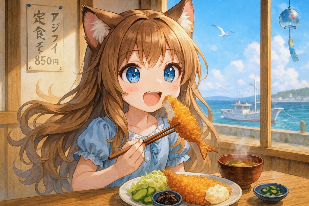 大きなアジフライの定食を食べる小さな女の子