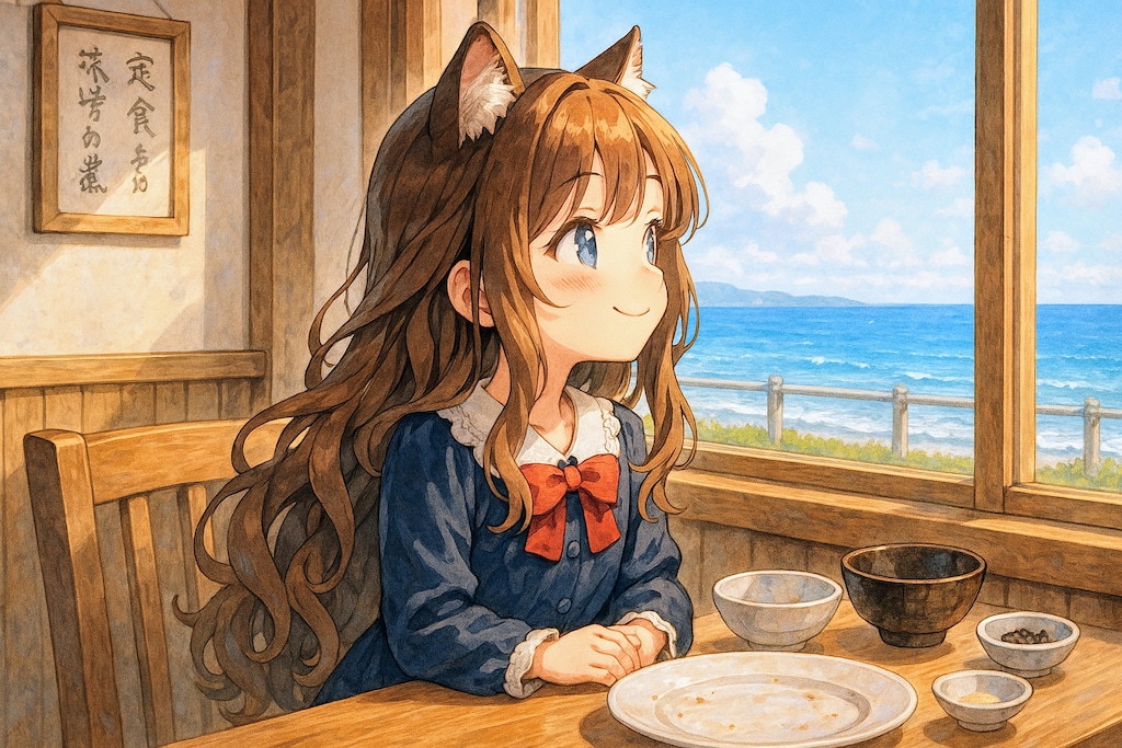 大きなアジフライの定食を食べる小さな女の子