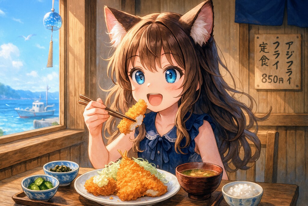 大きなアジフライの定食を食べる小さな女の子
