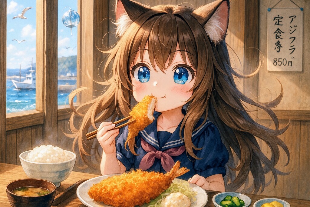 大きなアジフライの定食を食べる小さな女の子