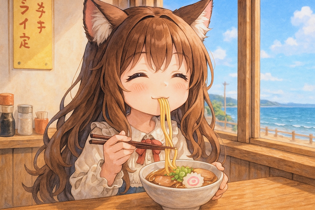 大きなアジフライの定食を食べる小さな女の子