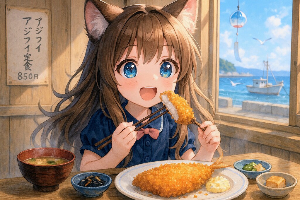 大きなアジフライの定食を食べる小さな女の子