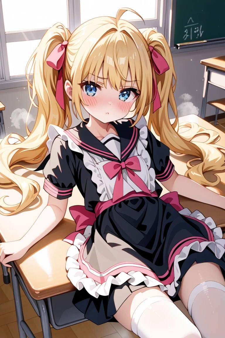 「ふ、ふんっ…！」金髪ツインテメイド莉奈の机でツン照れ顔♡ かわいいでしょ？😳🌸