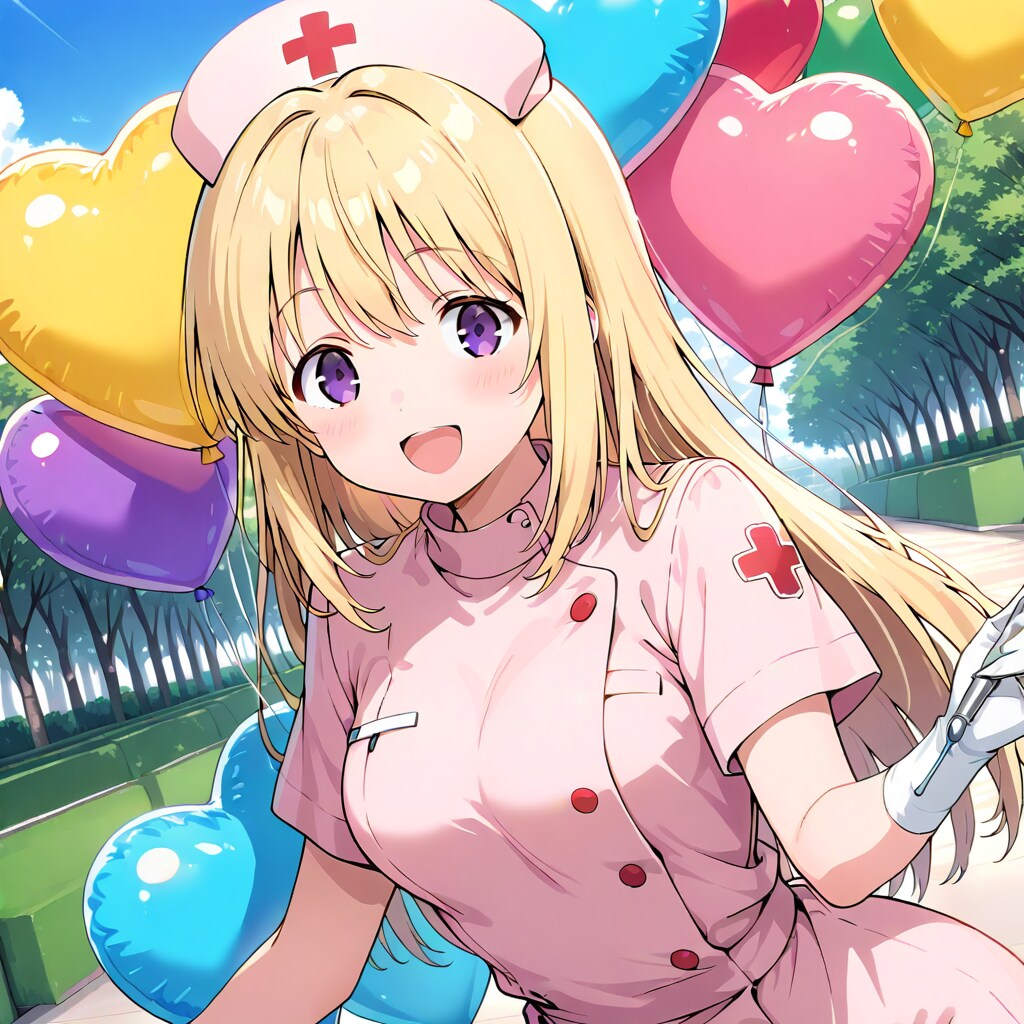 いっぱいハート風船を持つブロンドロングのナース服の美女。