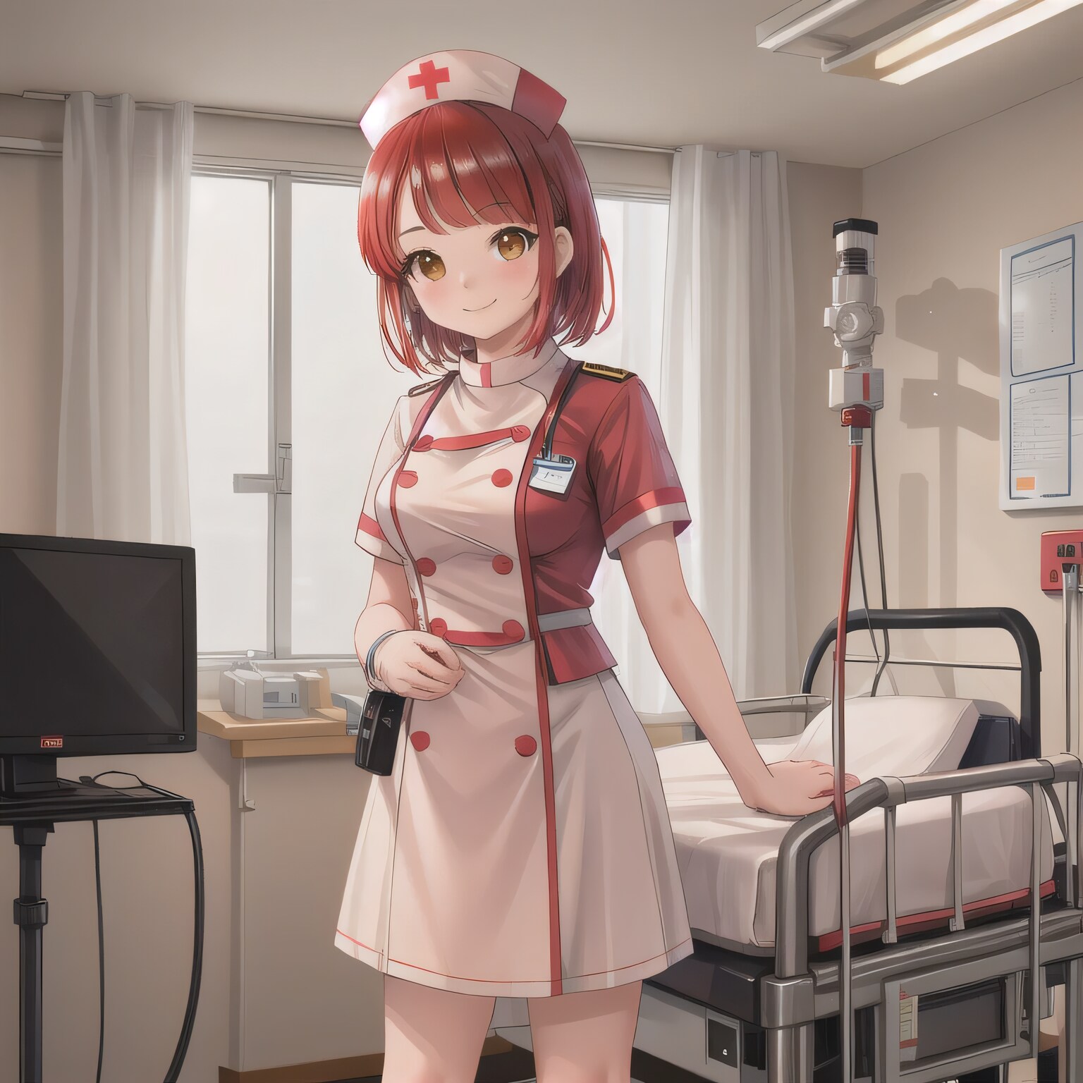 赤髪ボブで看護服の少女