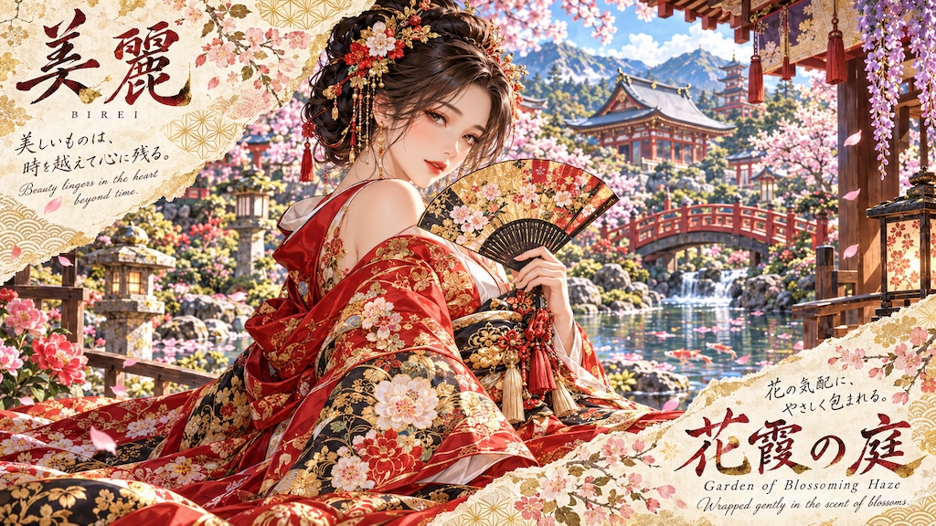 Garden of Blossoming Haze  Set within a serene Japanese garden enveloped in soft cherry blossoms and