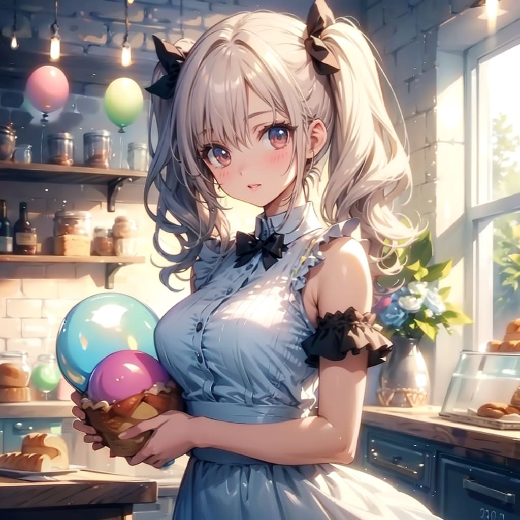 パン屋さんで風船を持つ白い髪ツインテールの美女店員さん。 | の人気AIイラスト・グラビア