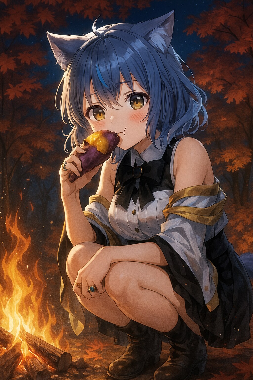 焼き芋を食べる焚火に近づきすぎて危険系狐耳女子