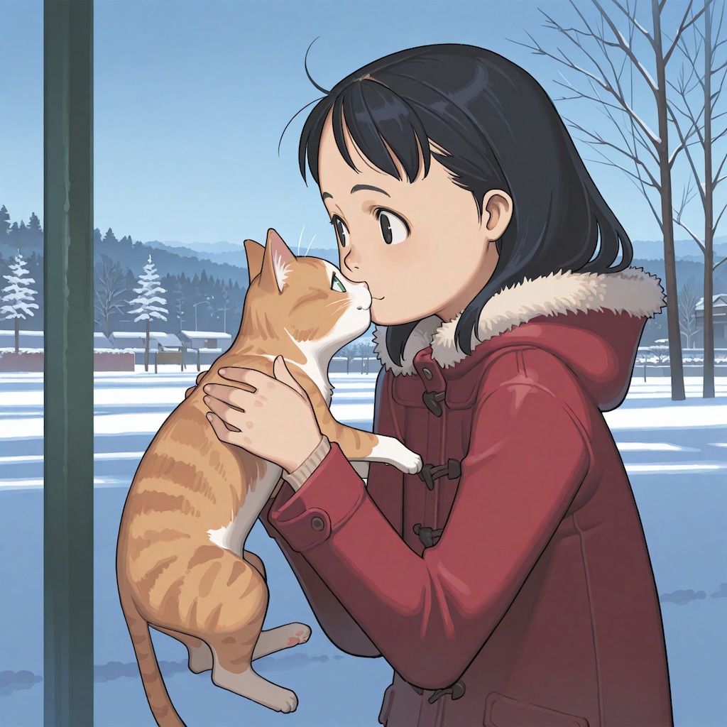 雑誌の表紙風「猫と女の子の冬」