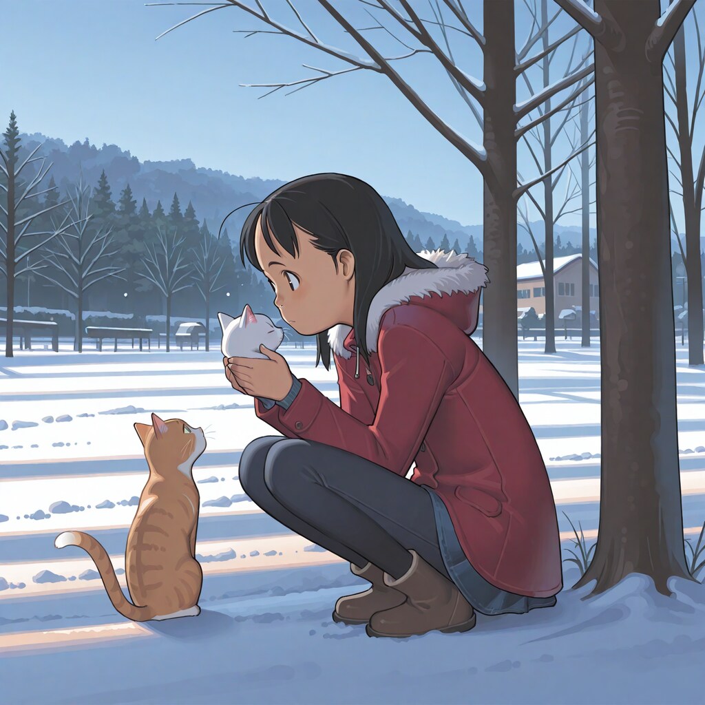 雑誌の表紙風「猫と女の子の冬」