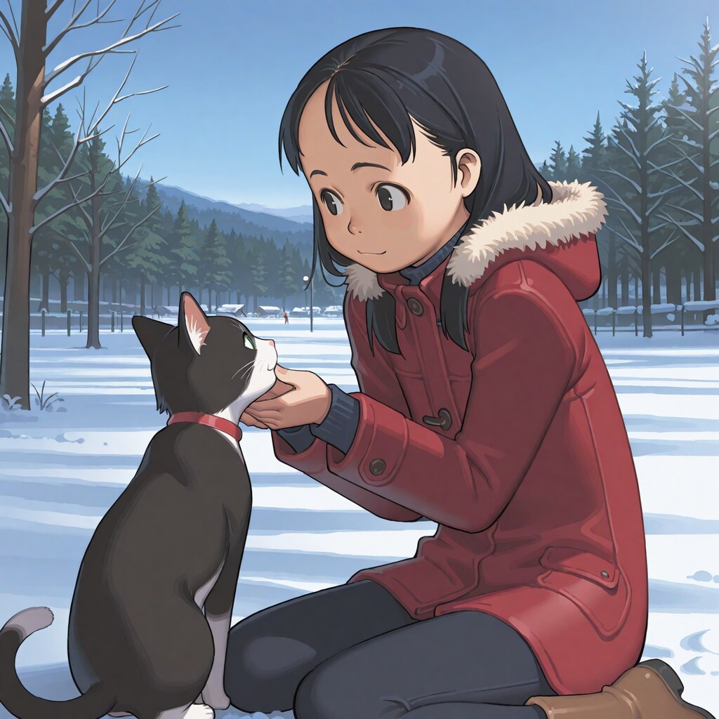 雑誌の表紙風「猫と女の子の冬」