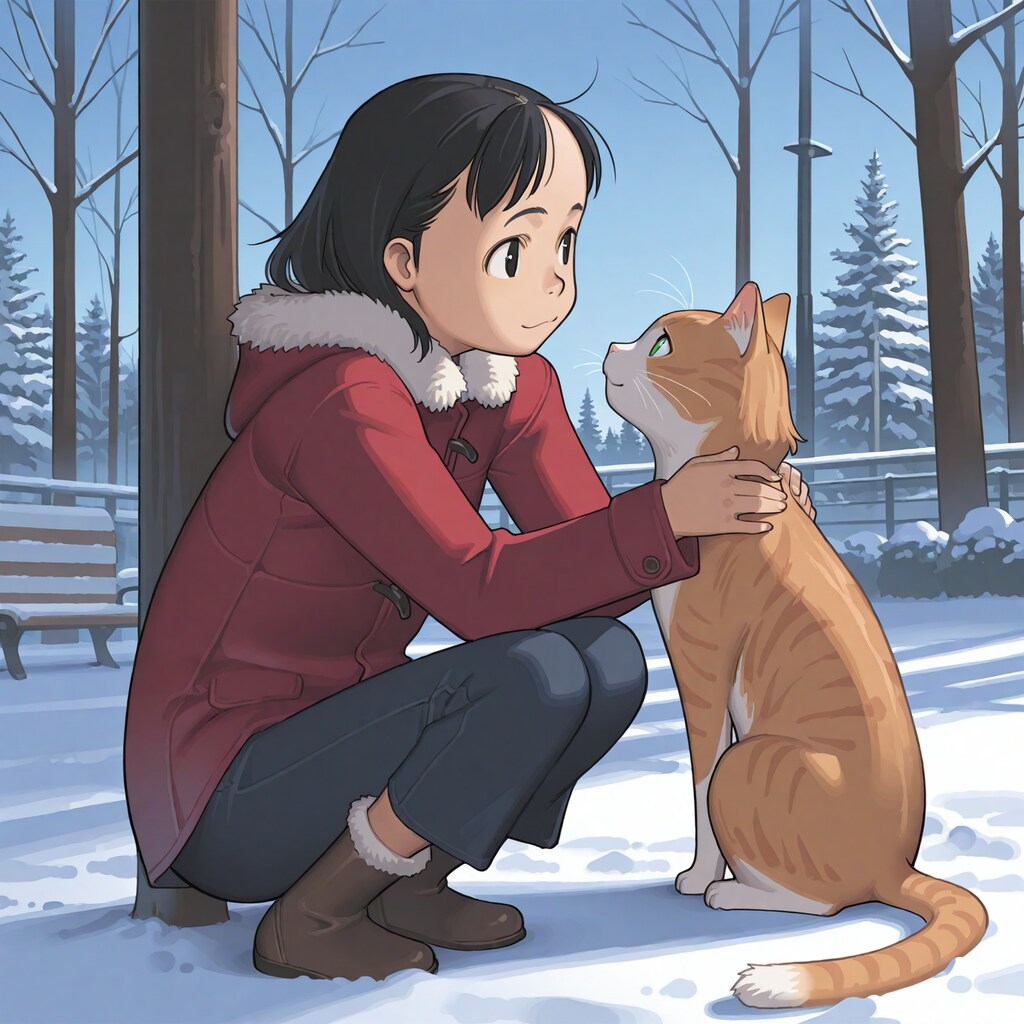 雑誌の表紙風「猫と女の子の冬」