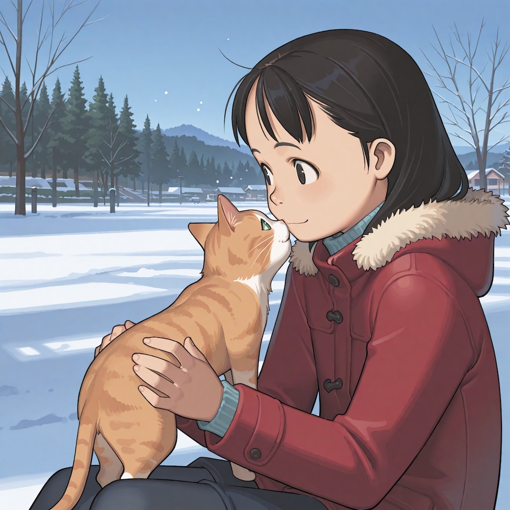雑誌の表紙風「猫と女の子の冬」