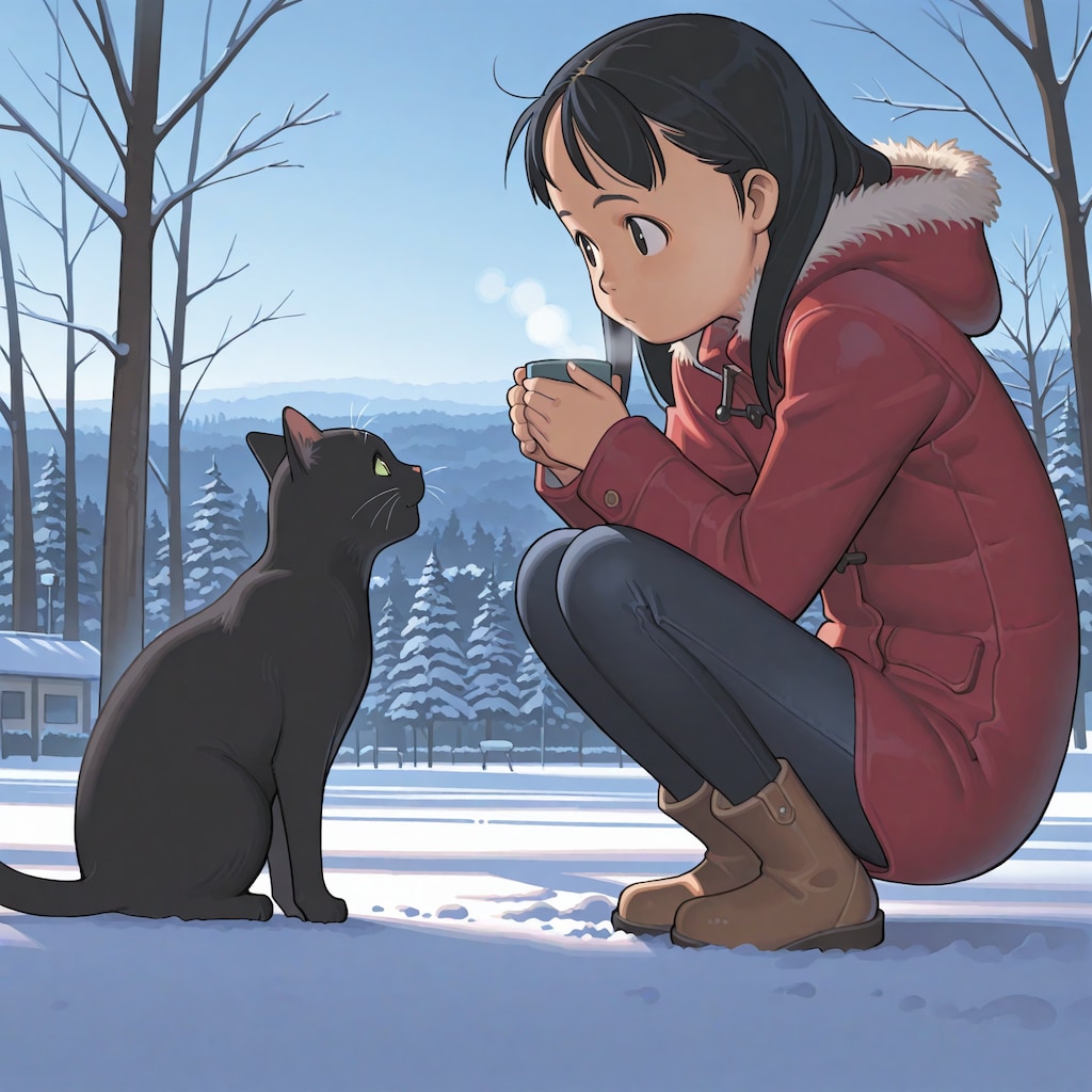 雑誌の表紙風「猫と女の子の冬」