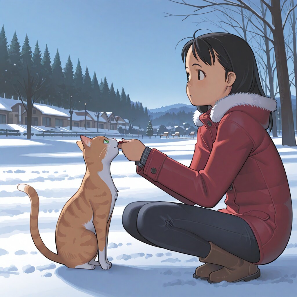 雑誌の表紙風「猫と女の子の冬」