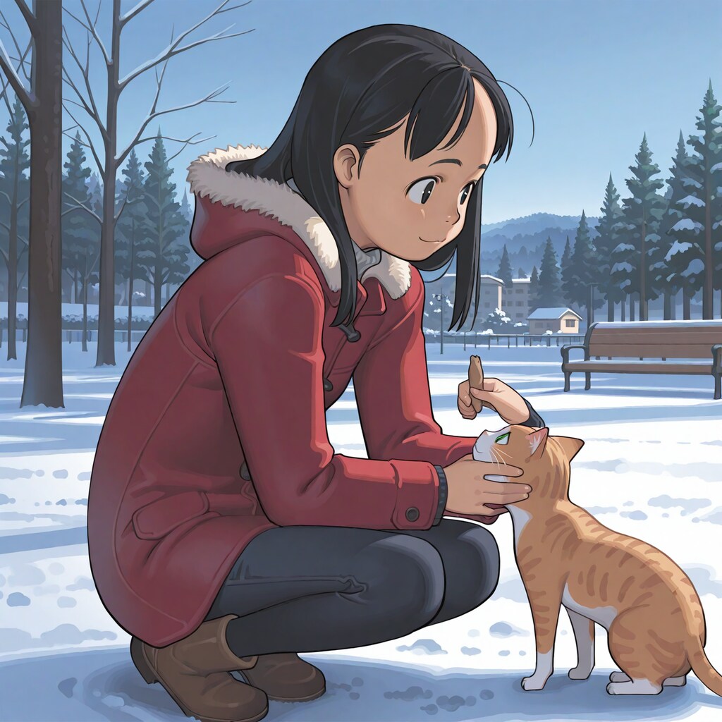 雑誌の表紙風「猫と女の子の冬」