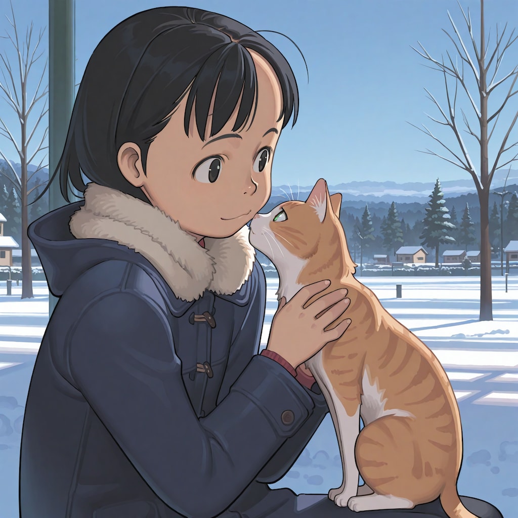 雑誌の表紙風「猫と女の子の冬」