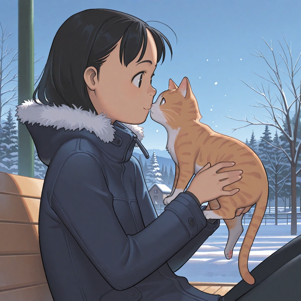 雑誌の表紙風「猫と女の子の冬」