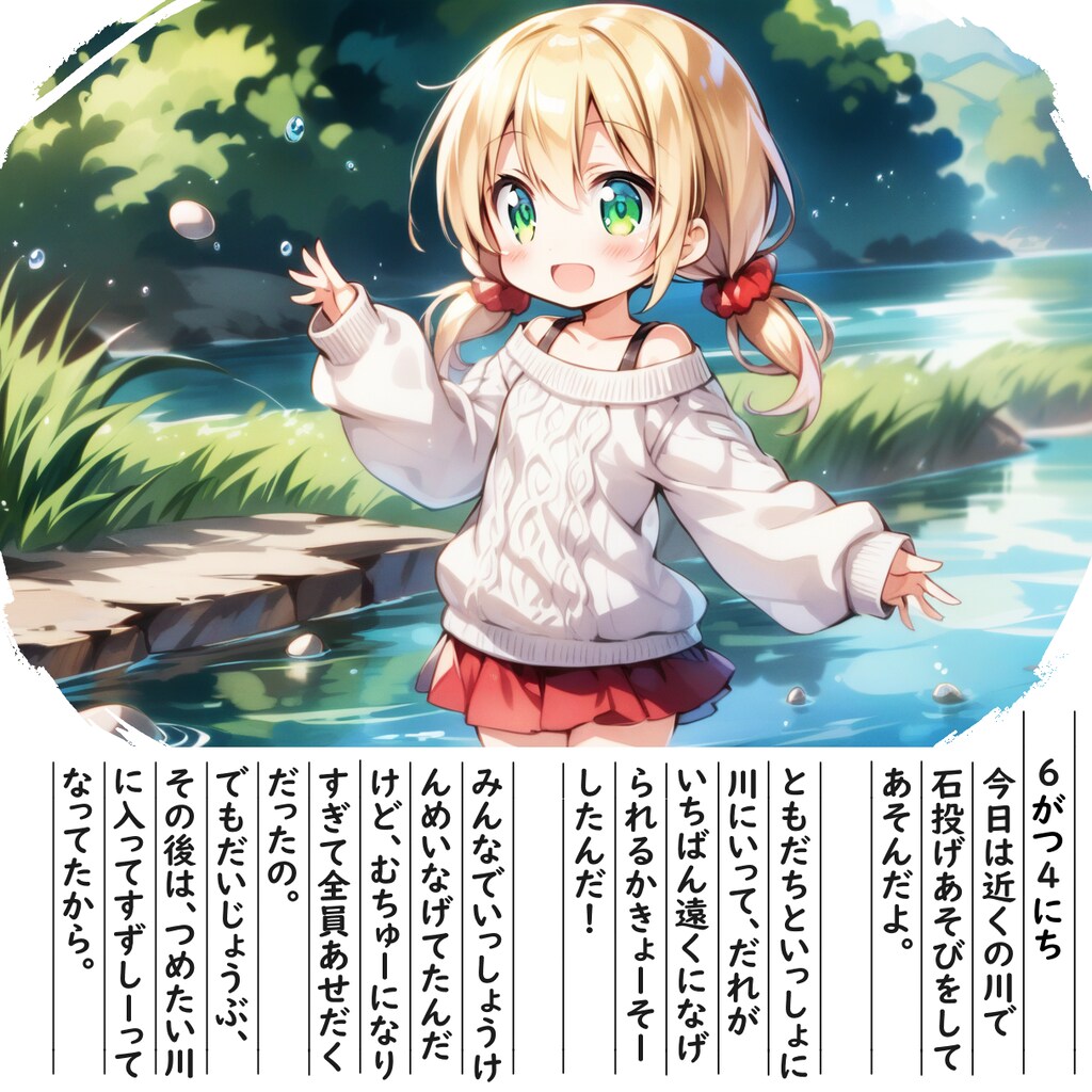 【絵日記】川で石なげ大会だよ