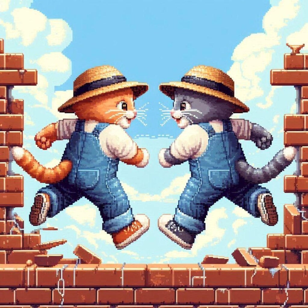 ドット絵風、走る猫の兄弟