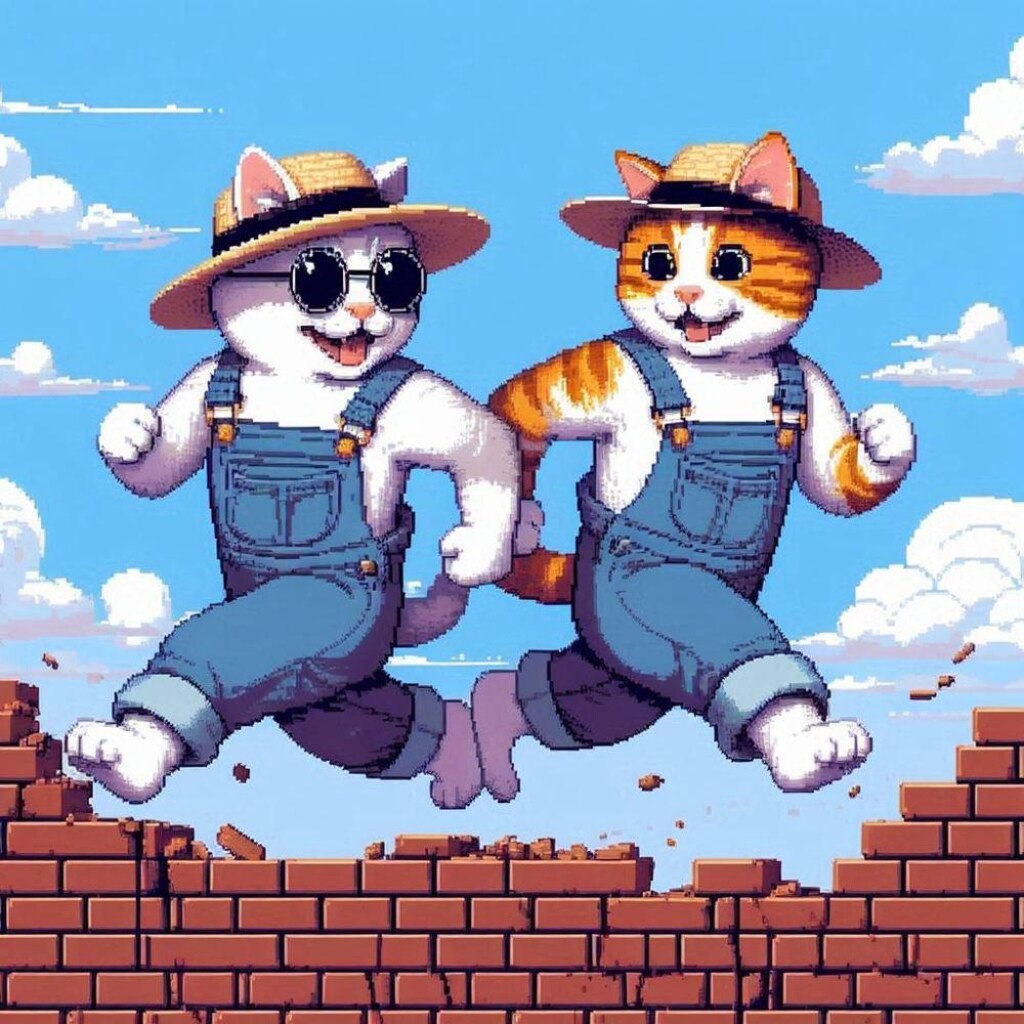 ドット絵風、走る猫の兄弟