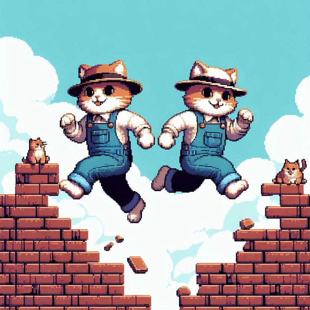 ドット絵風、走る猫の兄弟