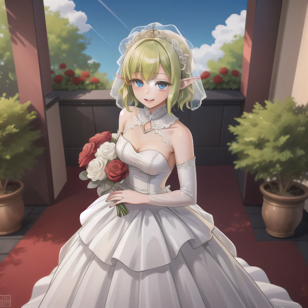 緑髪ボブでウェディングドレスの少女