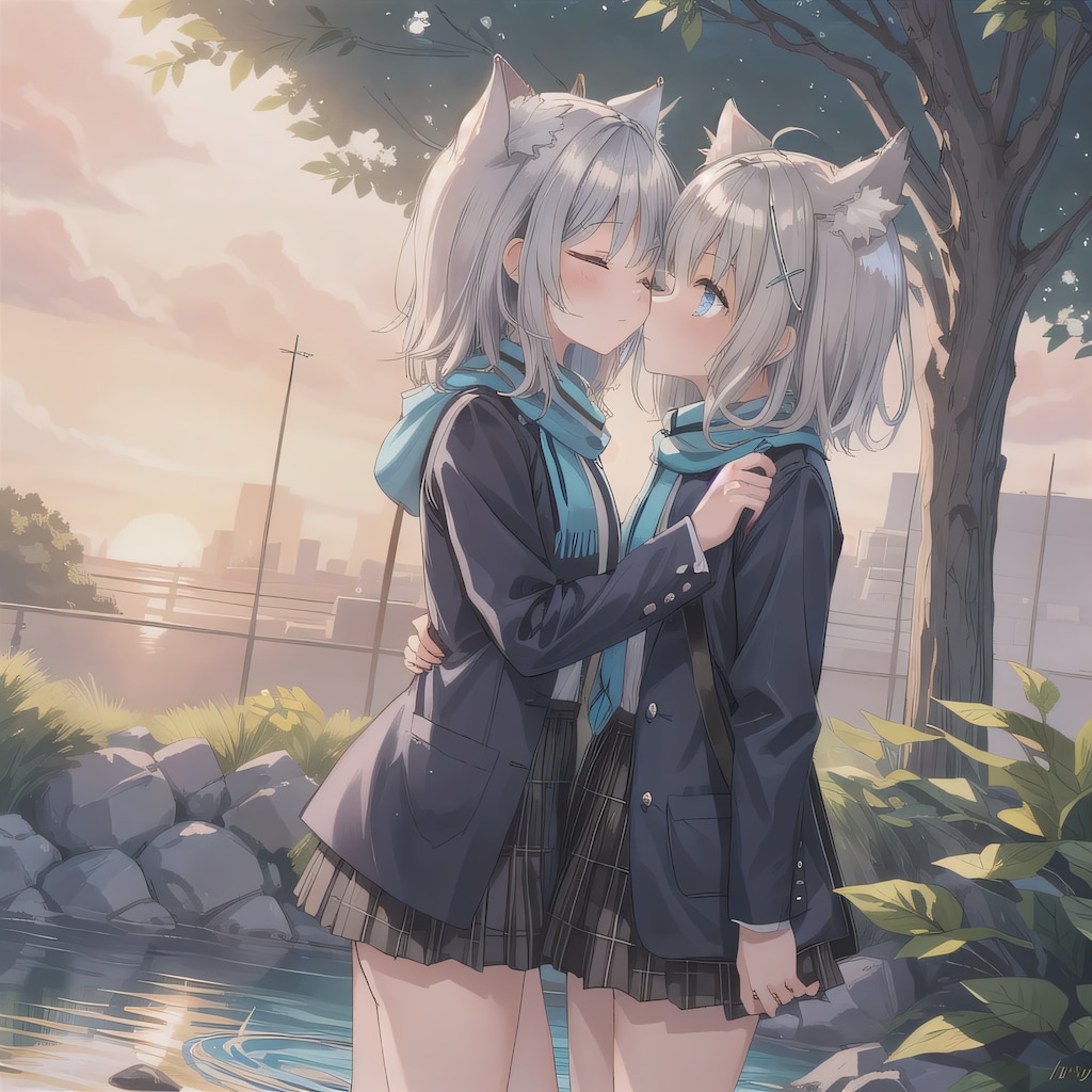 銀髪ボブでブレザーの少女たち