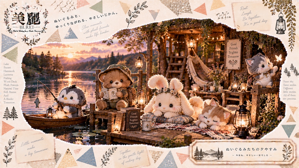 Fishing, reading, and napping by the lake, plush friends closing out the day together.  Slow moments