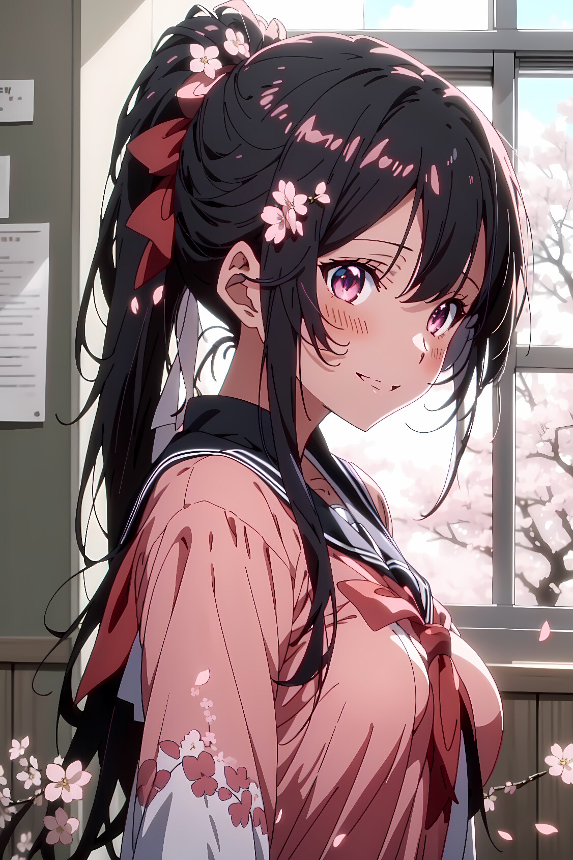 桜と女生徒