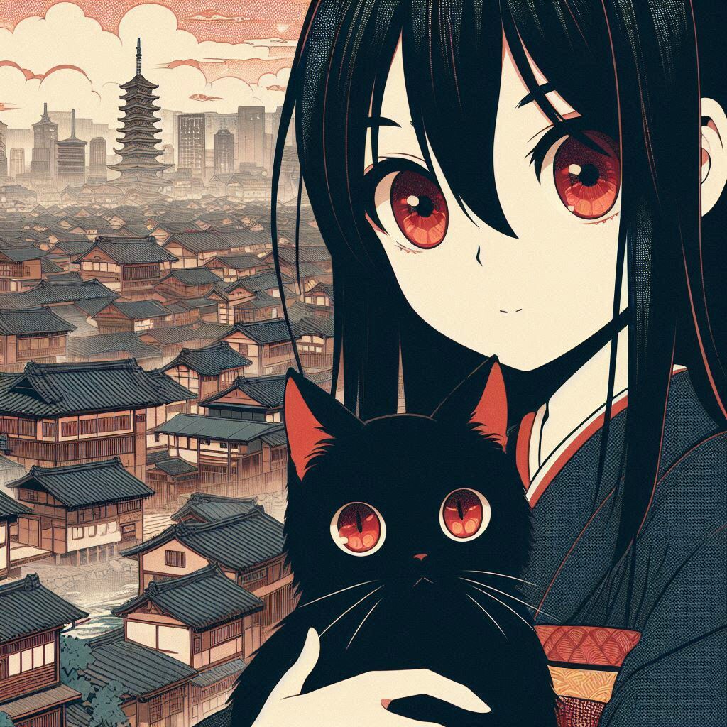 黒猫と和服のリナちゃん