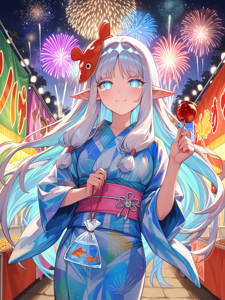 夏祭りを楽しむエルフの女の子