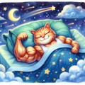 水彩風　ベットで寝るパジャマ筋肉猫の夢 3枚目