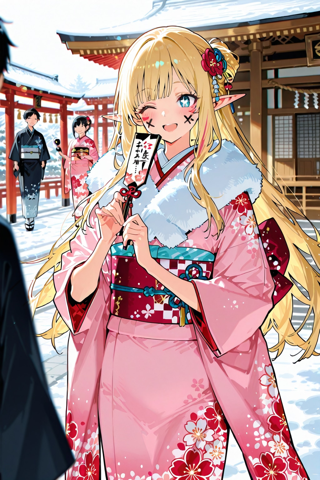 羽根つき後のエルフの女の子