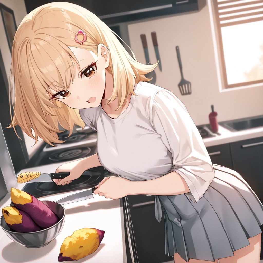 推し活ちゃん　サツマイモを調理中