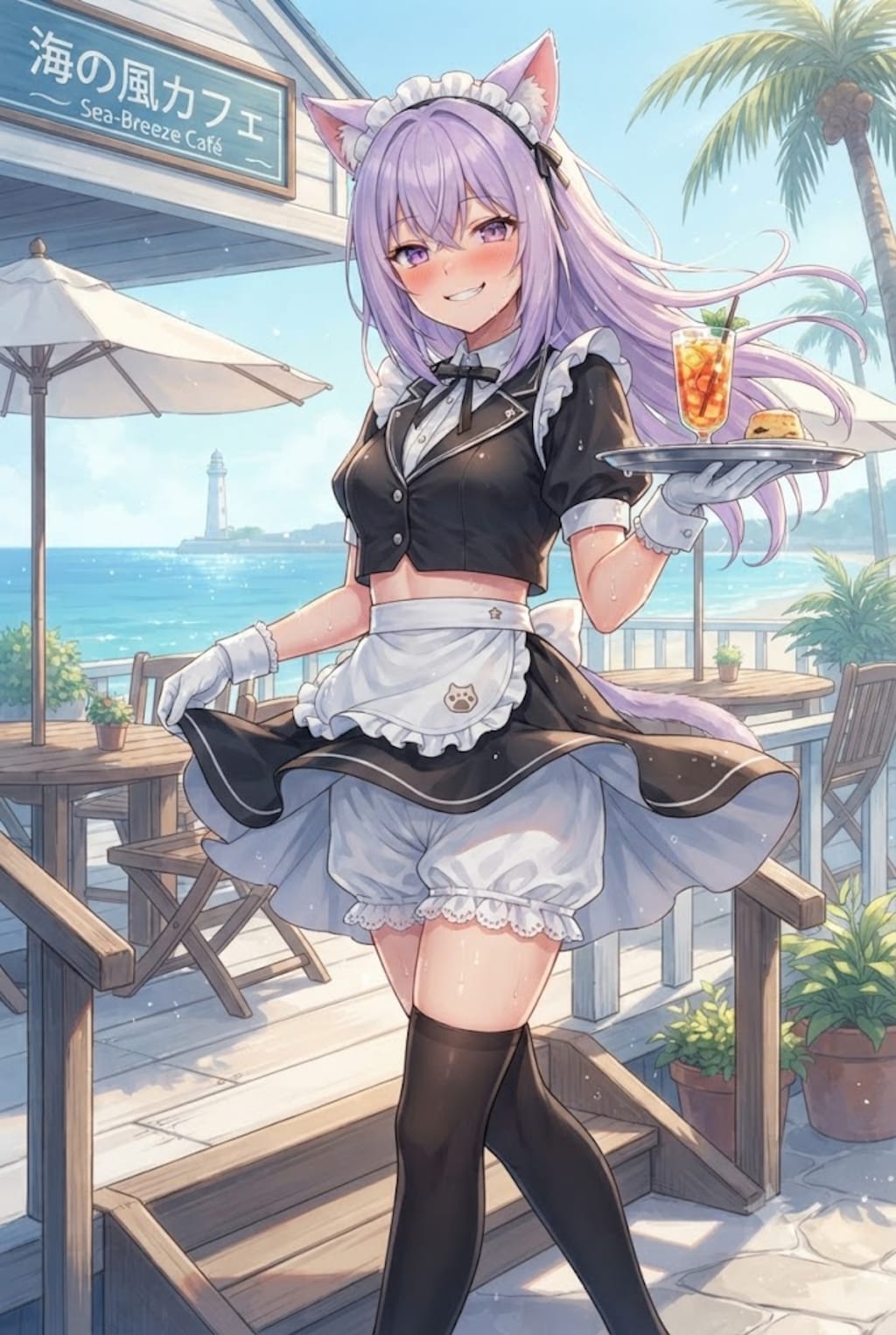 海辺のカフェのメイド服ウェイトレスのシス