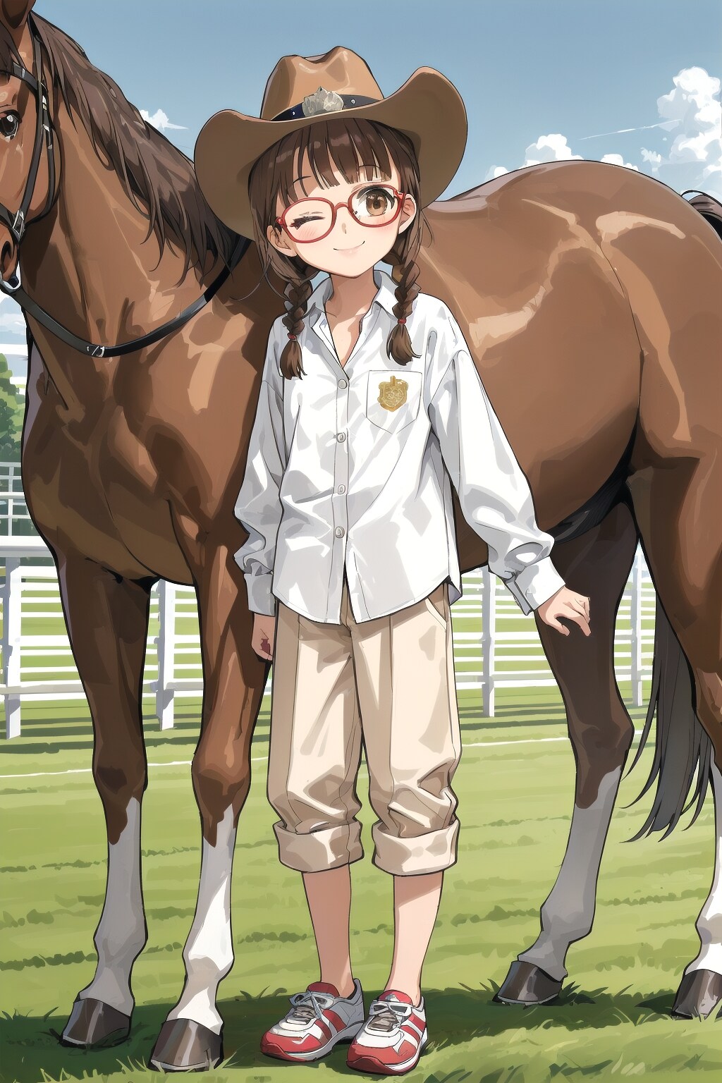 パンツルック眼鏡三つ編み姉妹