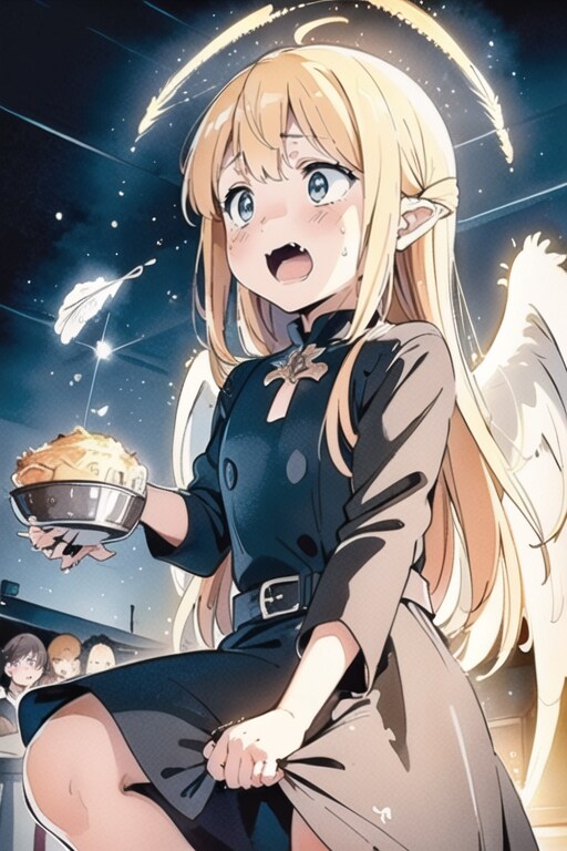 人間の食べ物が美味しくて思わず変身が解けてしまう天使様