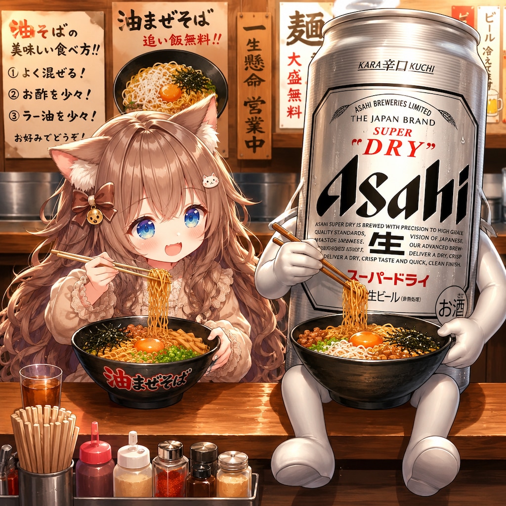 油そばを食べる小さな女の子