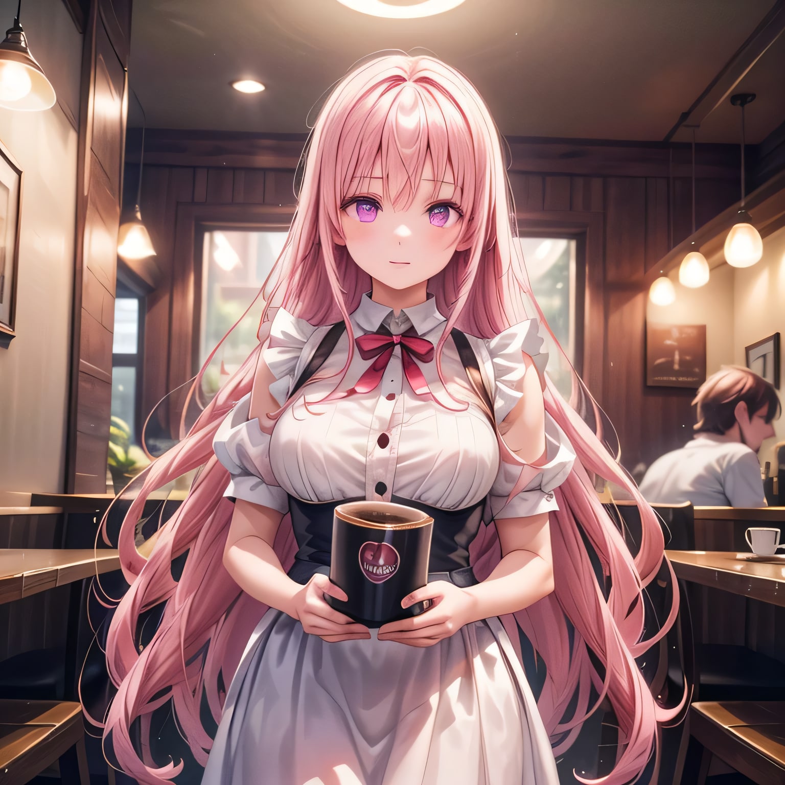 ピンク髪ロングでカフェの少女２ | の人気AIイラスト・グラビア