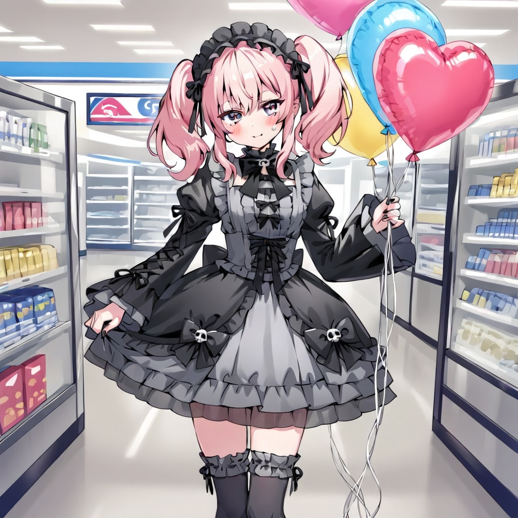 コンビニの店内でいっぱい色とりどりのハート風船を持つピンク髪ツインテールのゴスロリ衣装着た美少女